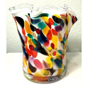 Vintage Multicolor White Swirl Ribbon Ruffle Edged Art Deco Glass Vase